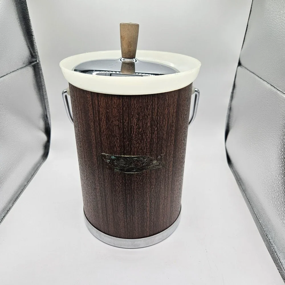 Vintage Kromex Ice Bucket Faux Wood Grain Chrome Lid MCM Barware Made in USA